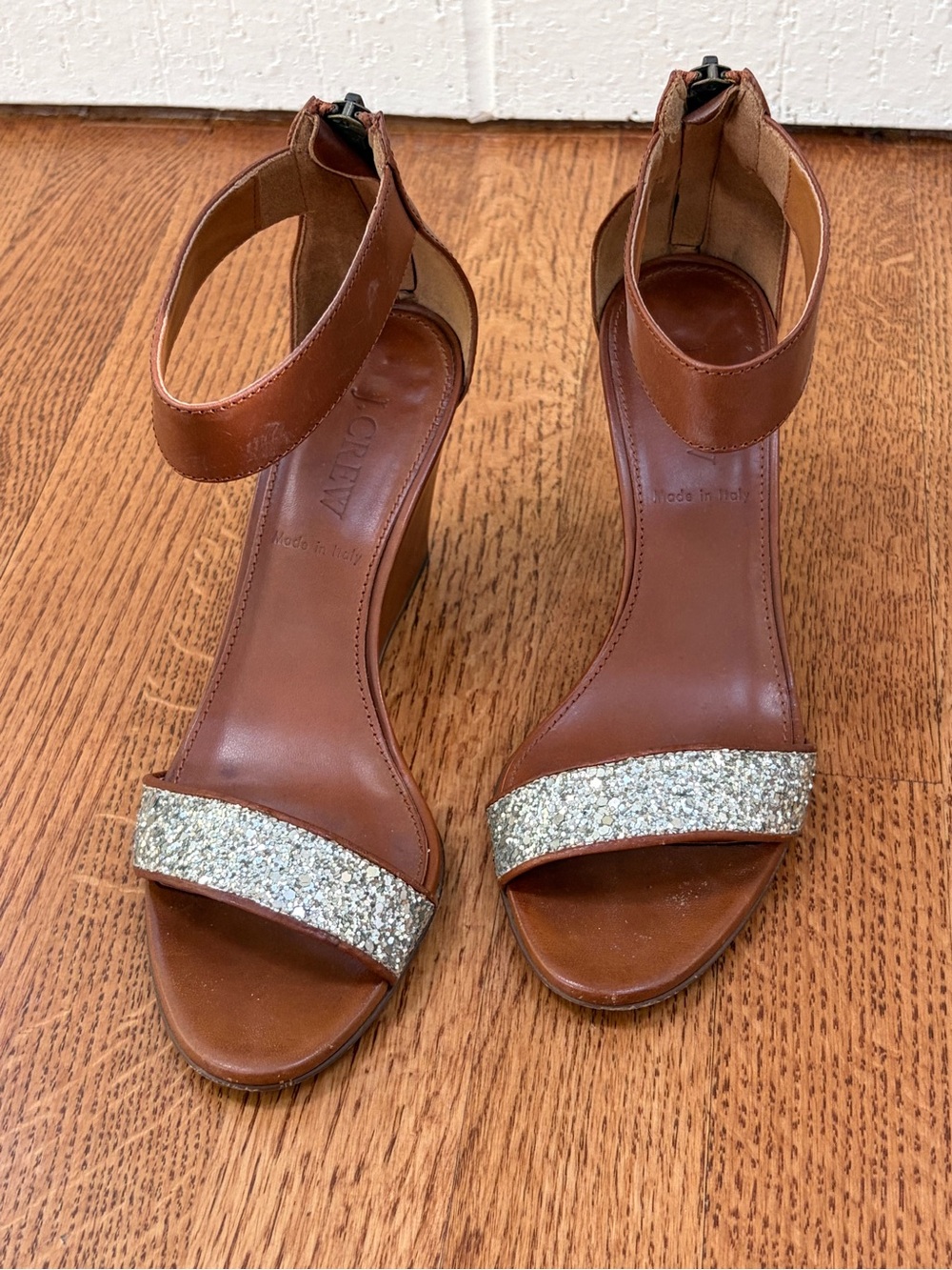 JCrew Crushed Glitter Wedge Heel Sandals, toffee brown, 6